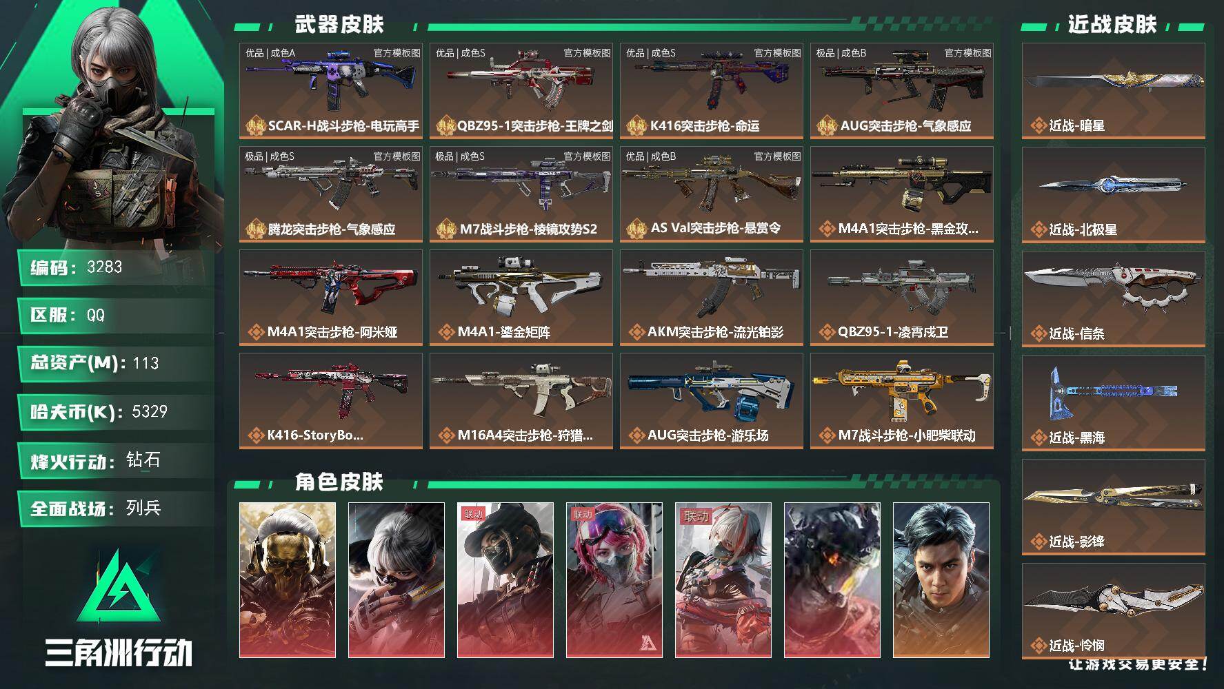 113m总资产-5329k哈夫币-60烽火等级-钻石-31战场等级-列兵
【干员外观】：红狼-蚀金玫瑰，骇爪-水墨云图，露娜-黑·天际线，蛊-能天使午夜邮差，骇爪-维什戴尔，威龙-凌霄戍卫，威龙-飞虎，蜂医-送葬人·无题密令，无名-夜鹰，深蓝-不破誓约，红狼-电锯惊魂，露娜-金牌射手，蛊-不羁人生
【近战皮肤】：近战-暗星，近战-北极星，近战-信条，近战-黑海，近战-影锋，近战-怜悯，近战-龙牙，近战-电锯惊魂，近战-黑鹰
【典藏外观】：SCAR-H战斗步枪-电玩高手，QBZ95-1突击步枪-王牌之剑，K416突击步枪-命运，AUG突击步枪-气象感应，腾龙突击步枪-气象感应，M7战斗步枪-棱镜攻势S2，AS Val突击步枪-悬赏令
【典藏外观成色】：SCAR-H战斗步枪-电玩高手(优品A)，QBZ95-1突击步枪-王牌之剑(优品S)，K416突击步枪-命运(优品S)，AUG突击步枪-气象感应(极品B)，腾龙突击步枪-气象感应(极品S)，M7战斗步枪-棱镜攻势S2(极品S)，AS Val突击步枪-悬赏令(优品B)
【传说外观】：M4A1突击步枪-蚀金玫瑰，M4A1突击步枪-阿米娅，M4A1突击步枪-鎏金矩阵，AKM突击步枪-流光铂影，QBZ95-1突击步枪-凌霄戍卫，K416突击步枪-StoryBoard，M16A4突击步枪-狩猎时刻，AUG突击步枪-游乐场，M7战斗步枪-小肥柴，SG552突击步枪-小肥柴，SG552突击步枪-运动员，AK-12突击步枪-夜鹰，AK-12突击步枪-特斯拉线圈，AK-12突击步枪-纵横，SCAR-H战斗步枪-水墨云图，SCAR-H战斗步枪-启航，SCAR-H战斗步枪-鎏金矩阵，G3战斗步枪-流光铂影，G3战斗步枪-狩猎时刻，CAR-15突击步枪-阿米娅，AS Val突击步枪-死神玫瑰，腾龙突击步枪-黎明警戒，腾龙突击步枪-捞点薯条，腾龙突击步枪-死神玫瑰，K437突击步枪-猩红乐队，K437突击步枪-北极星，K437突击步枪-几何解构，KC17突击步枪-电锯惊魂，MK47突击步枪-暗星，MP5冲锋枪-黑海，P90冲锋枪-信条，Vector冲锋枪-狩猎时刻，Vector冲锋枪-能天使-午夜邮差，Vector冲锋枪-鎏金矩阵，UZI冲锋枪-流光铂影，UZI冲锋枪-特斯拉线圈，SR-3M紧凑突击步枪-特斯拉线圈，SR-3M紧凑突击步枪-暗星